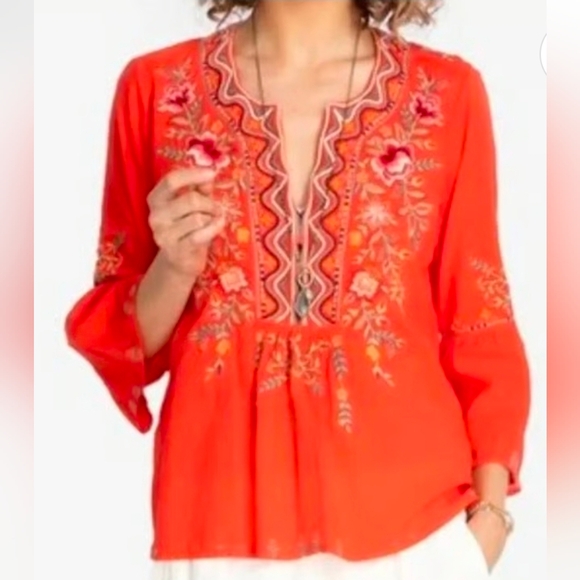 Johnny Was Women Alise Flared Sleeve Embroidered V Neck Tunic Top Size S